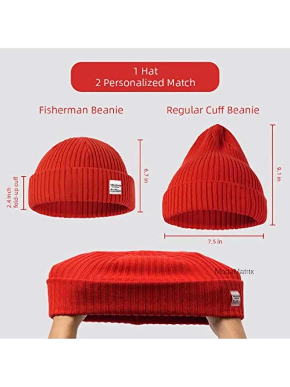 Rib Knit Fisherman Cuff Beanie 2-in-1 Stretchable Cotton Spandex